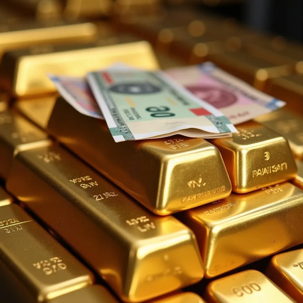 Gold Bars Stacked With Pakistani Rupees