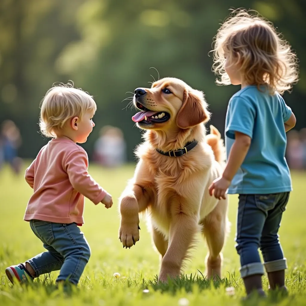 Golden Retriever puppy playing with children in a park