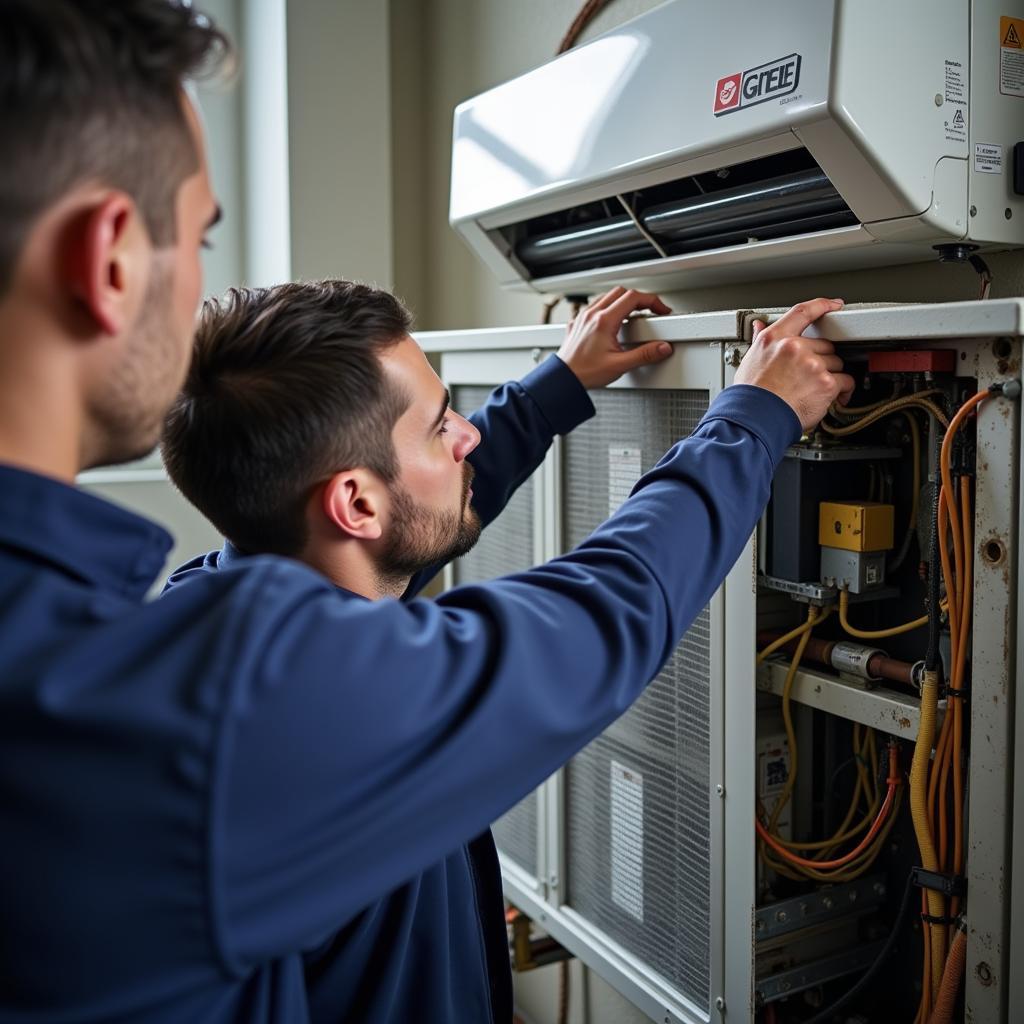 Two Technicians Professionally Installing a Gree AC Inverter Unit