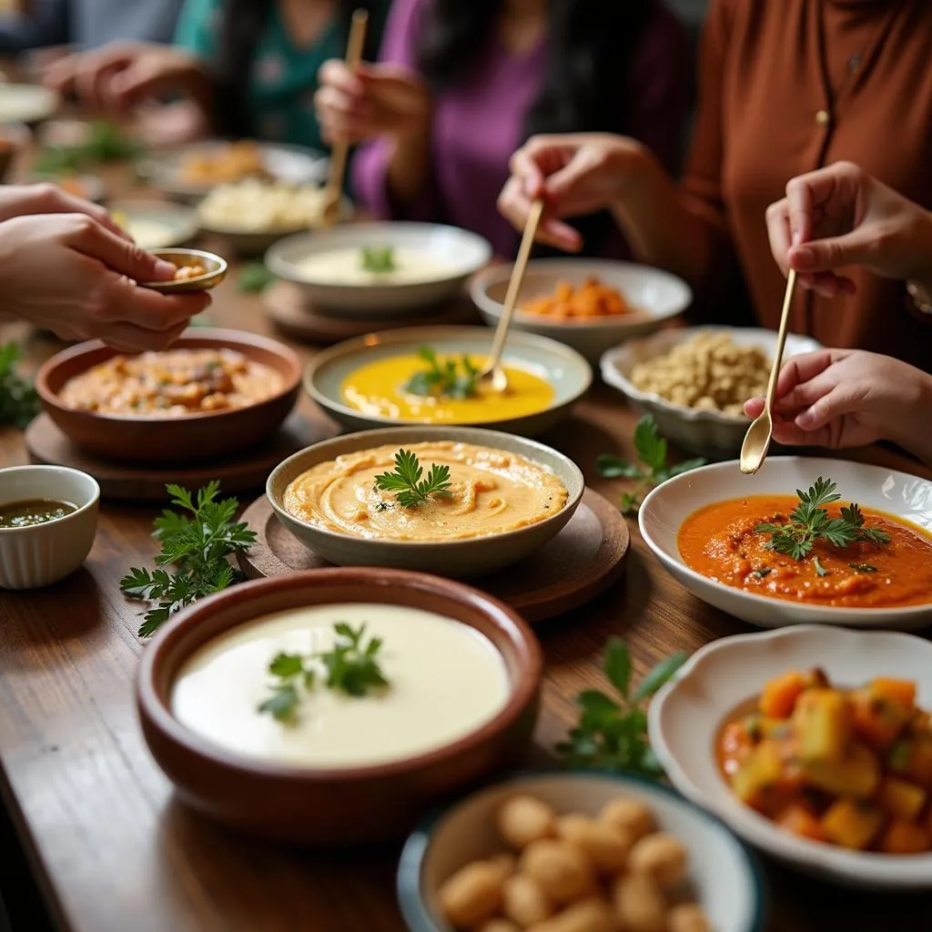 Group of Friends Enjoying a Meal with Greek Yogurt Dips in Islamabad