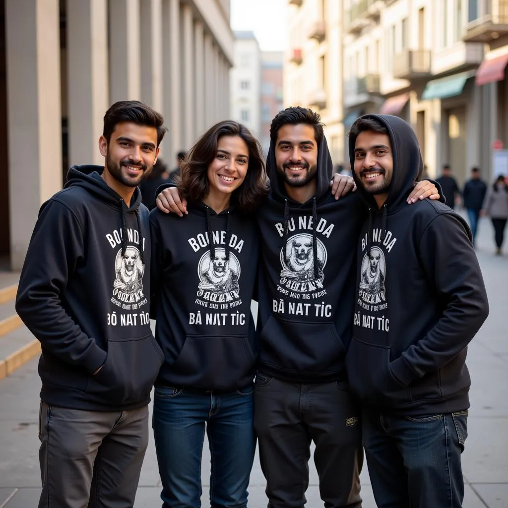 A group of Pakistani friends posing together, all wearing matching custom-designed hoodies