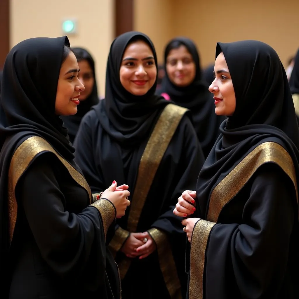 Group of Pakistani women in black sarees at a cultural event