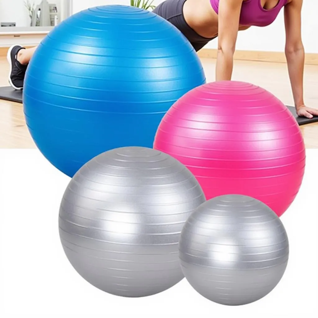 Gym balls in different sizes and colors.