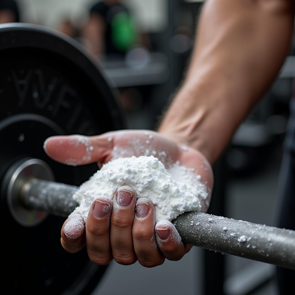 Weightlifter using gym chalk for grip