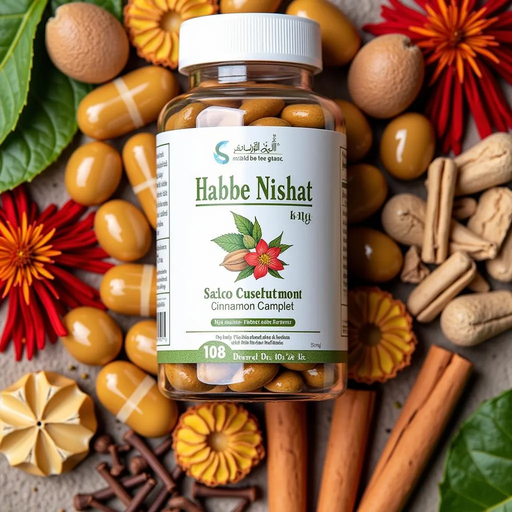 Close-up of Habbe Nishat capsules surrounded by its natural ingredients