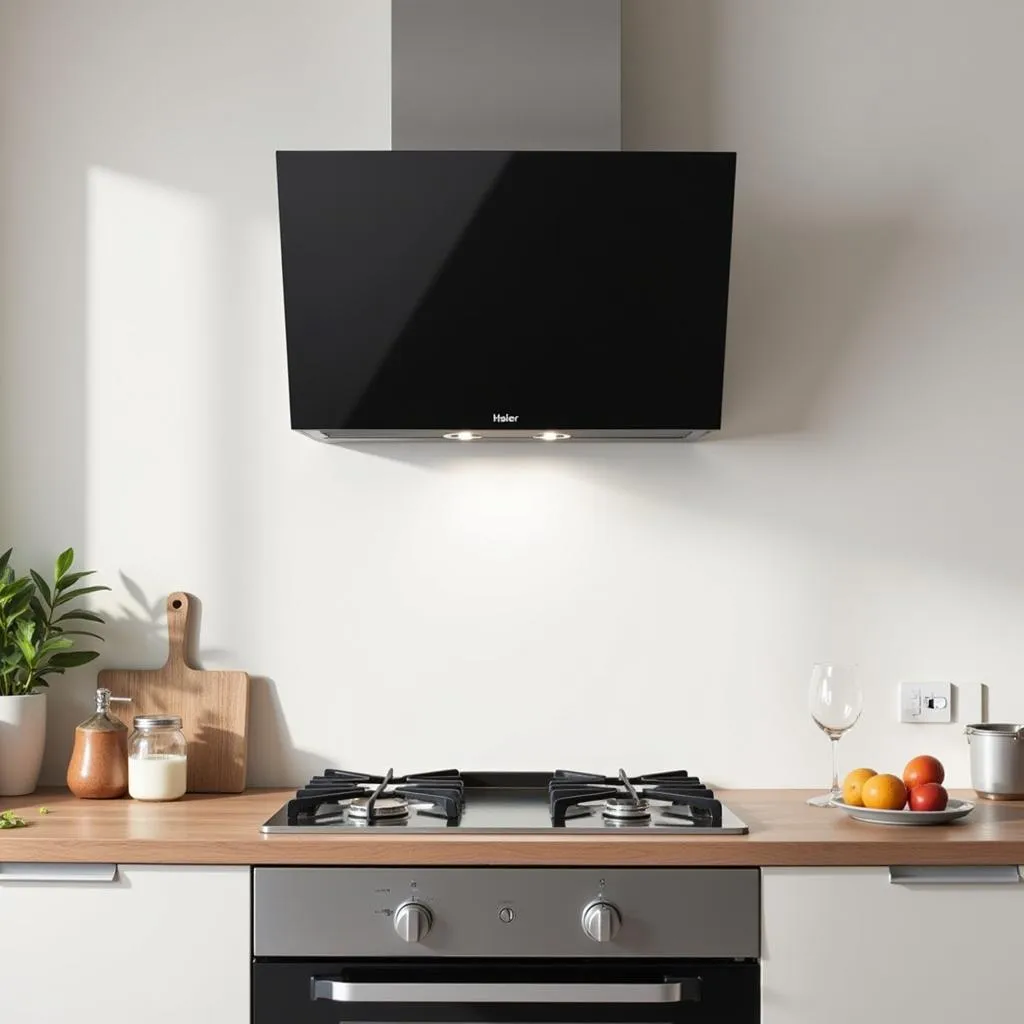 Modern kitchen with a sleek Haier chimney hood installed above the cooking range