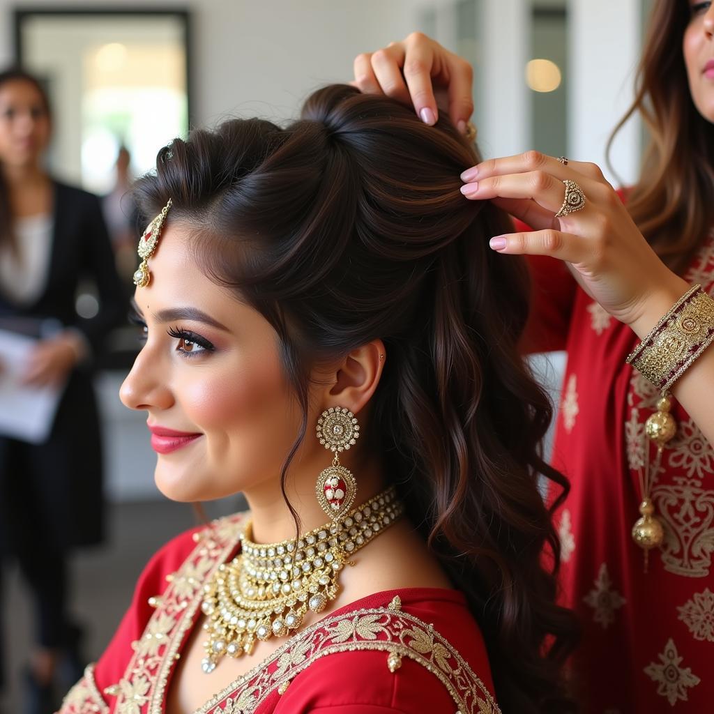 Woman getting her hair styled for a wedding in Karachi