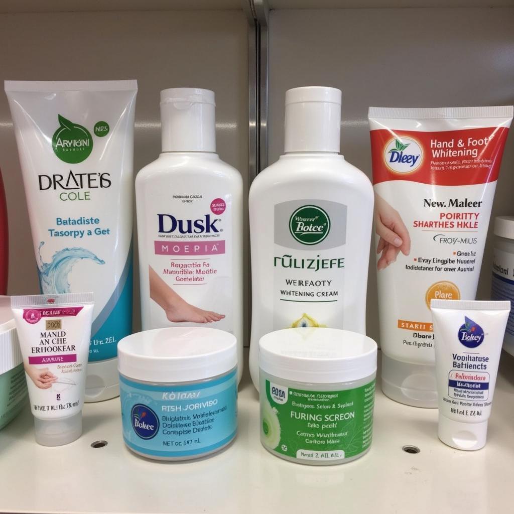 A variety of hand and foot whitening creams displayed on a shelf