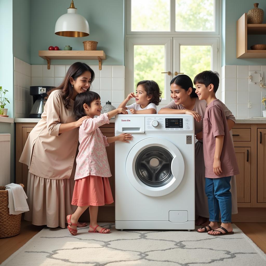 A happy Pakistani family smiles while using their Super Asia SA 240 washing machine