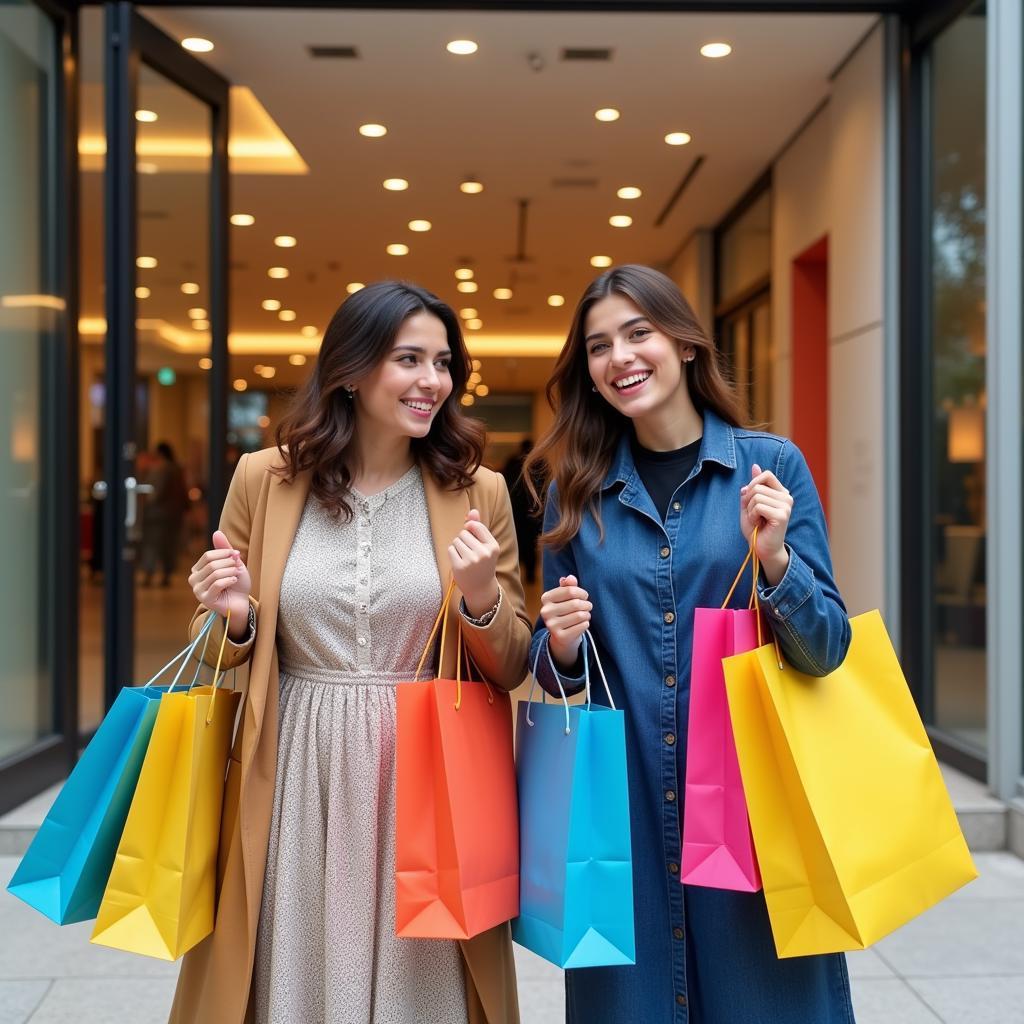 Pakistani shoppers smiling holding their shopping bags from a 50% off sale