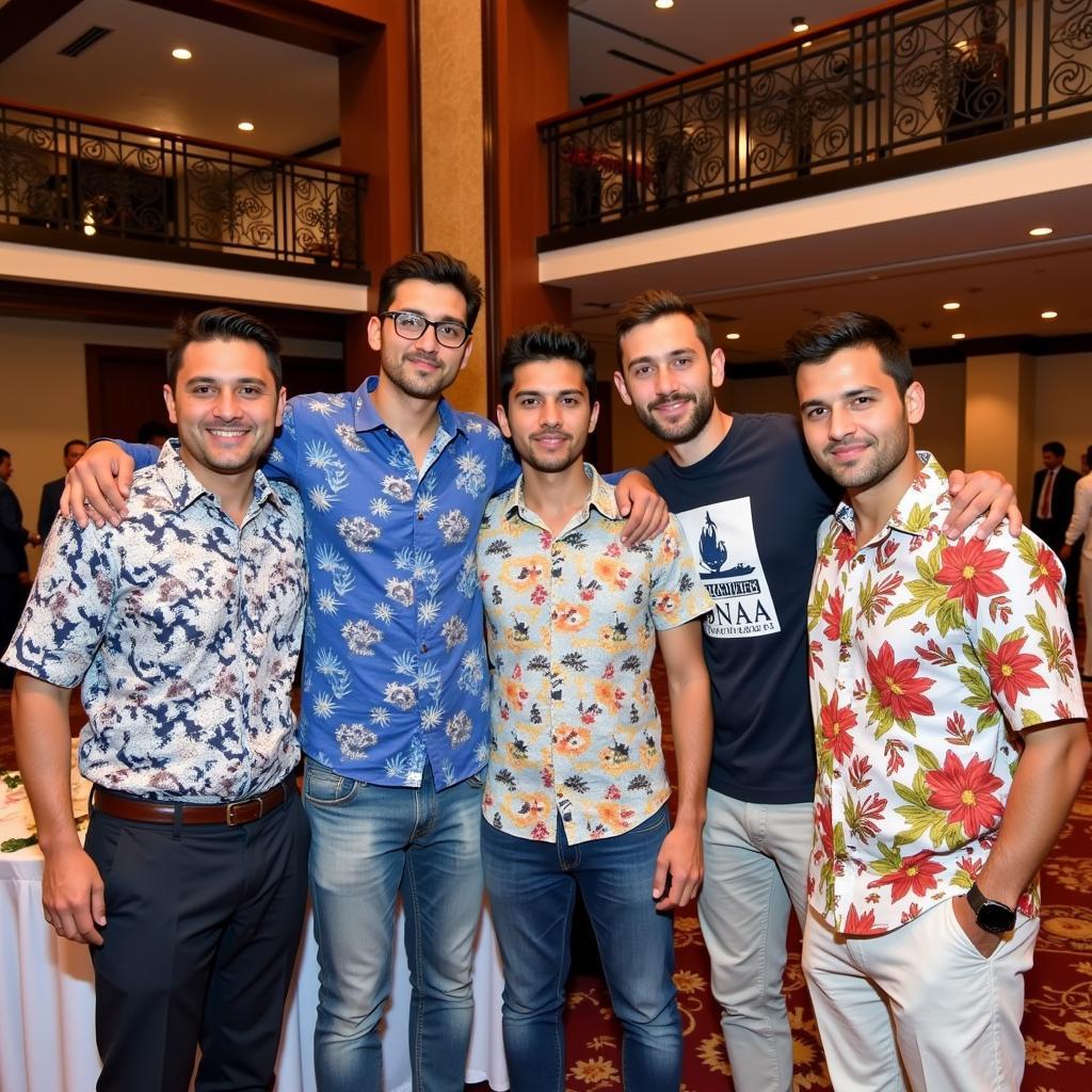 Group of friends at a Pakistani wedding wearing Hawaiian shirts