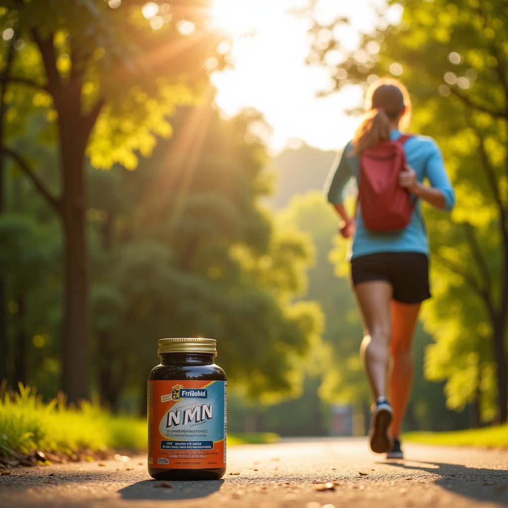 A woman jogging in the park with a bottle of NMN supplements