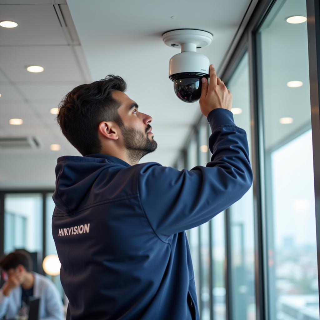 Hikvision CCTV camera being installed in a Pakistani office building