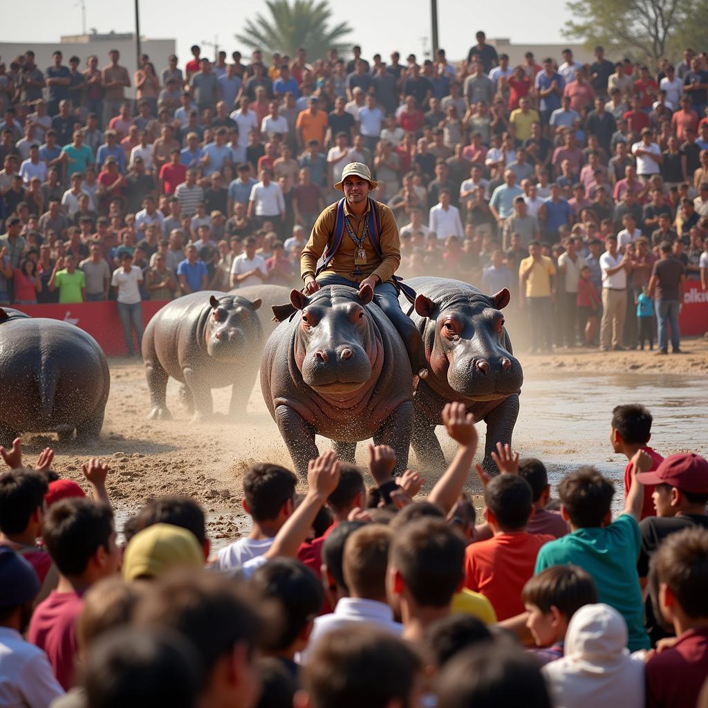 Cheering crowd at a hippo contest in Pakistan