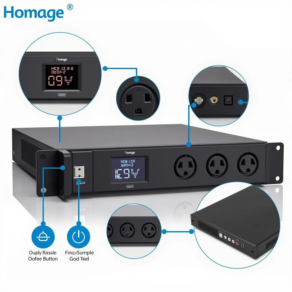 Close-up view of the Homage UPS 1000 Watt model, showcasing its features like the LCD display, multiple output sockets, and sleek design.