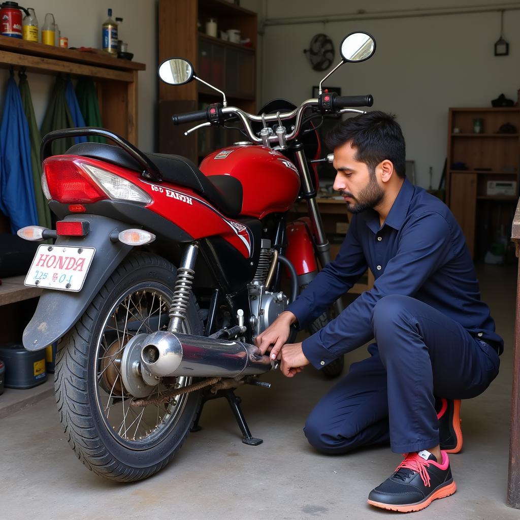 Mechanic installing Honda 125 back tyre