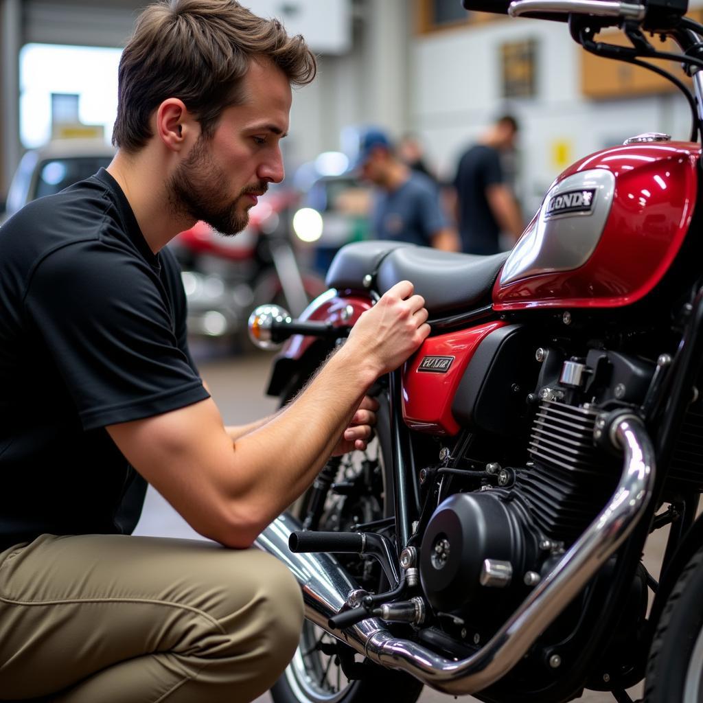 Mechanic inspecting a Honda CD 70 2014