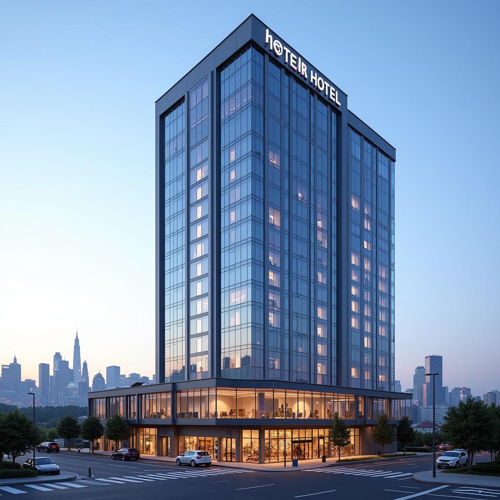 Five star hotel with city skyline in the background