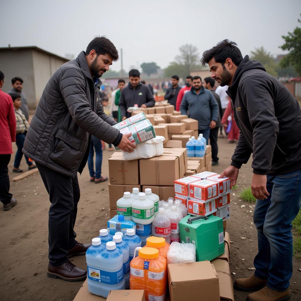 Distribution of humanitarian aid in a flood-affected area in Pakistan