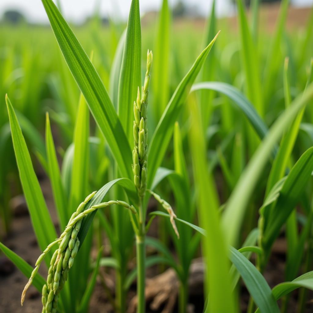 Close-up of healthy hybrid rice seedlings in a Pakistani nursery