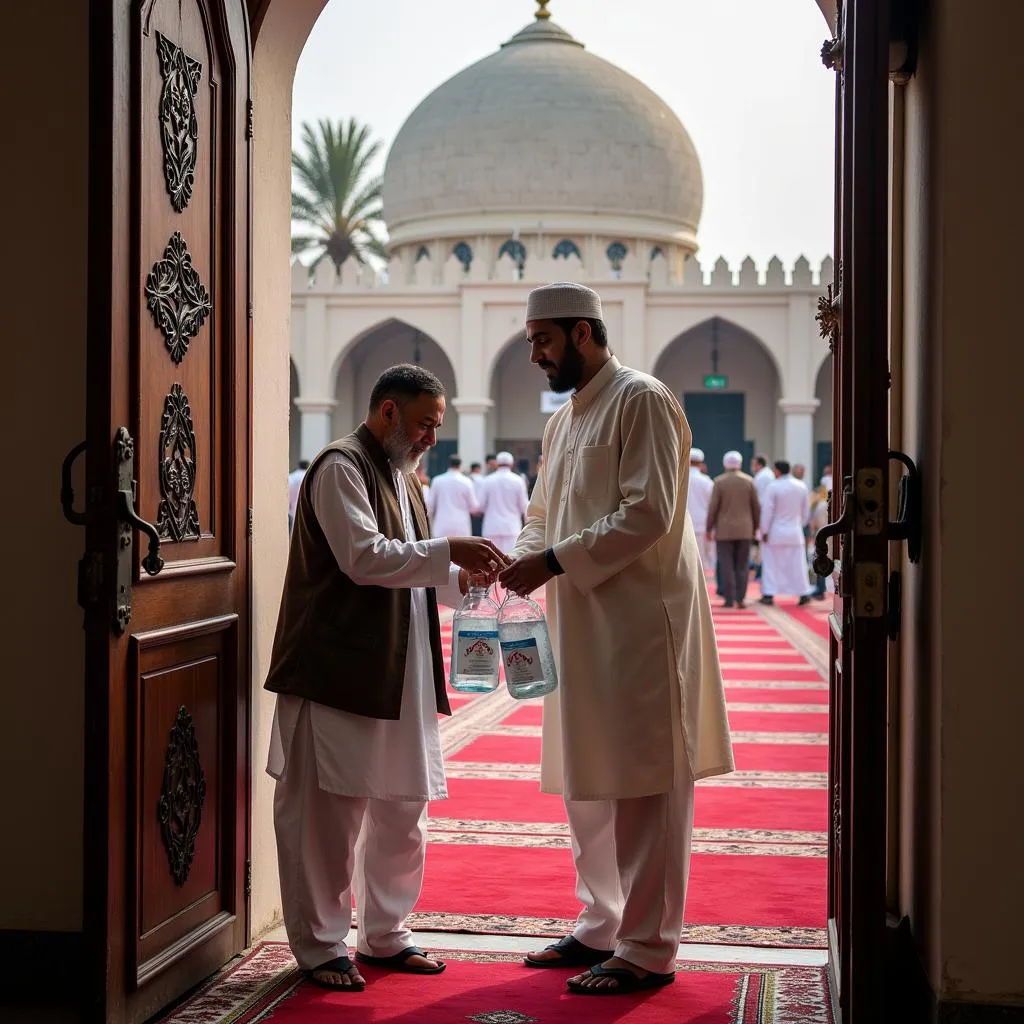 Imam Distributing Zamzam Water in Mosque