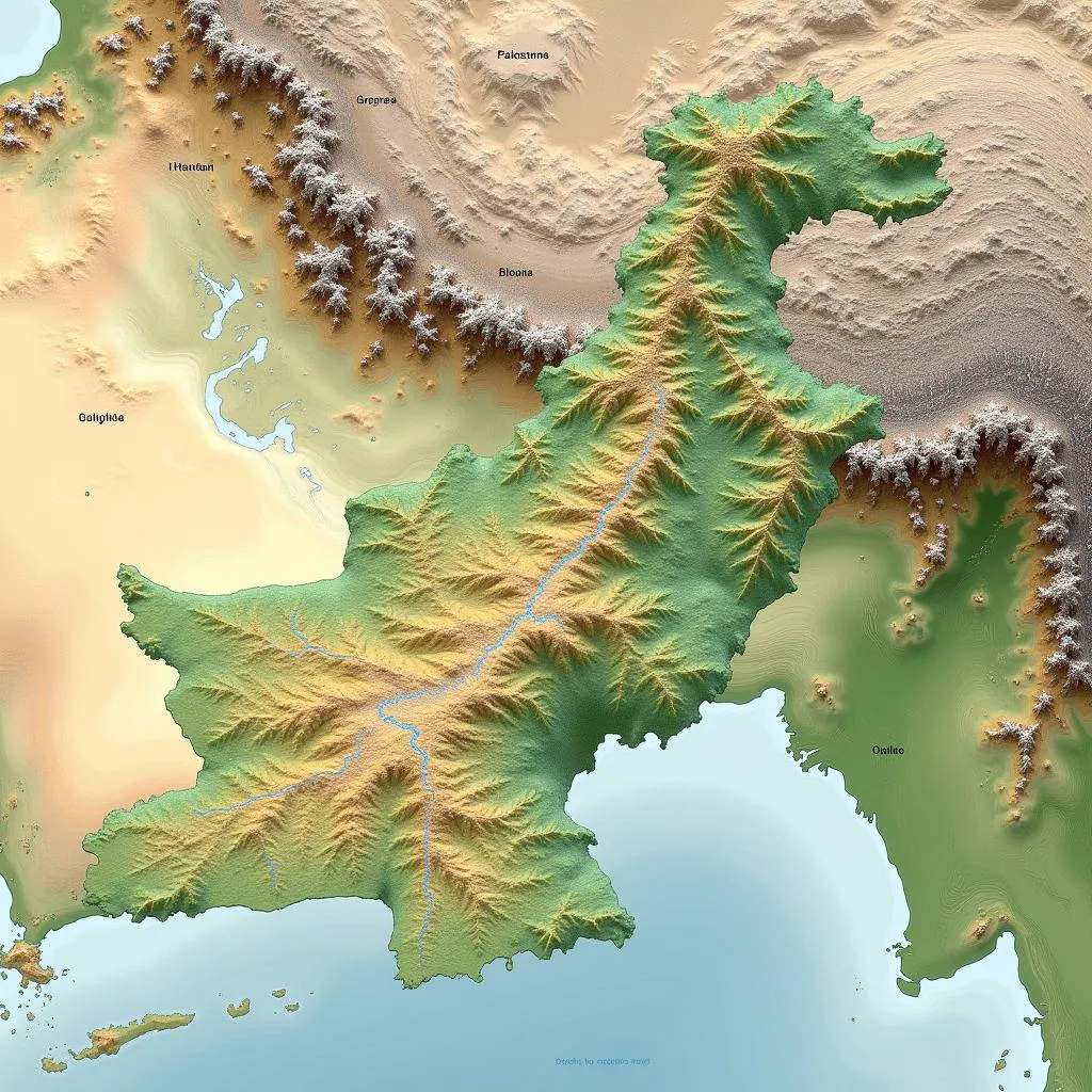 Indus River Valley depicted on a Pakistan topographic map, highlighting its agricultural significance