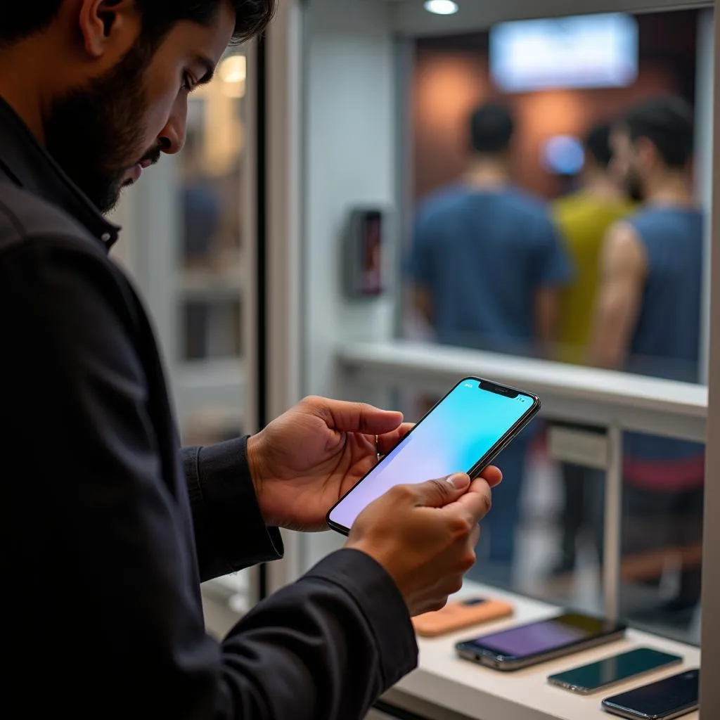 Customer Carefully Inspecting an iPhone X in a Pakistani Shop