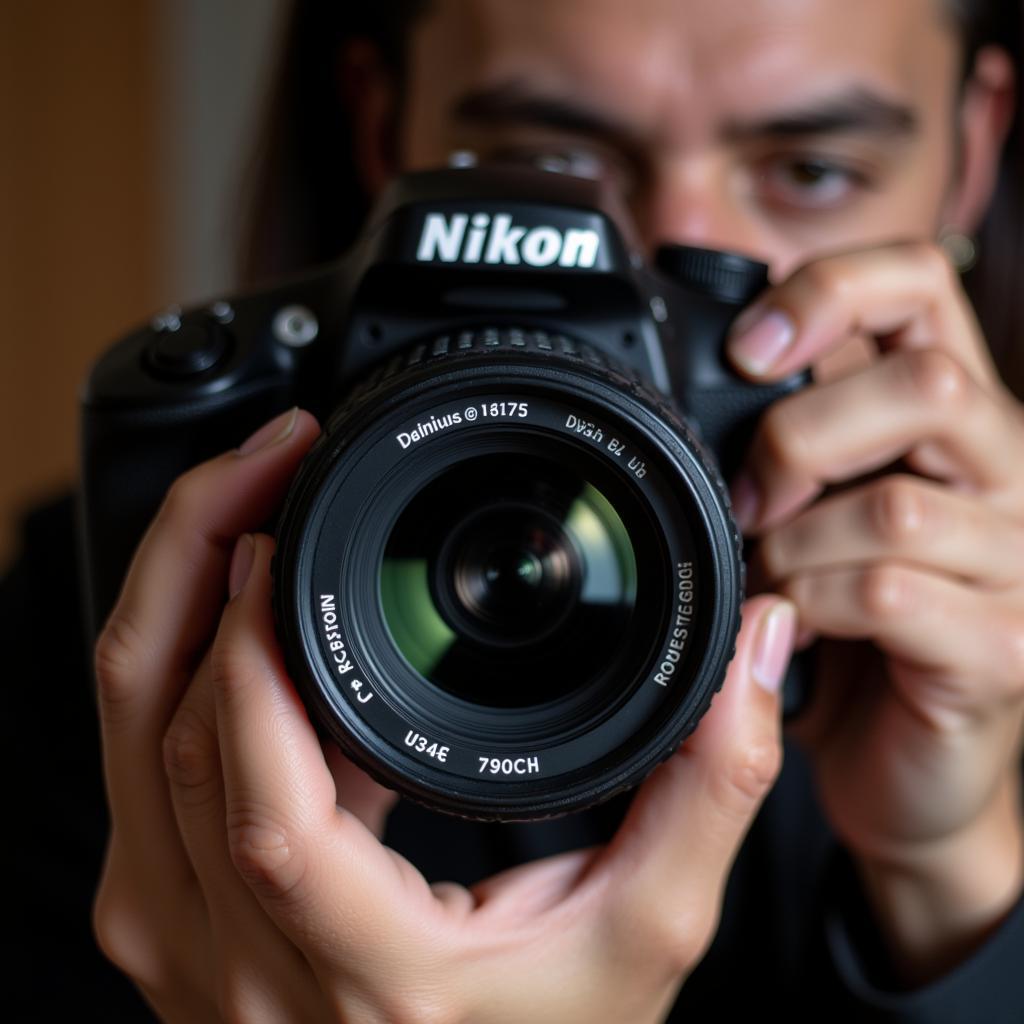 A close-up of someone inspecting the lens of a Nikon D7000