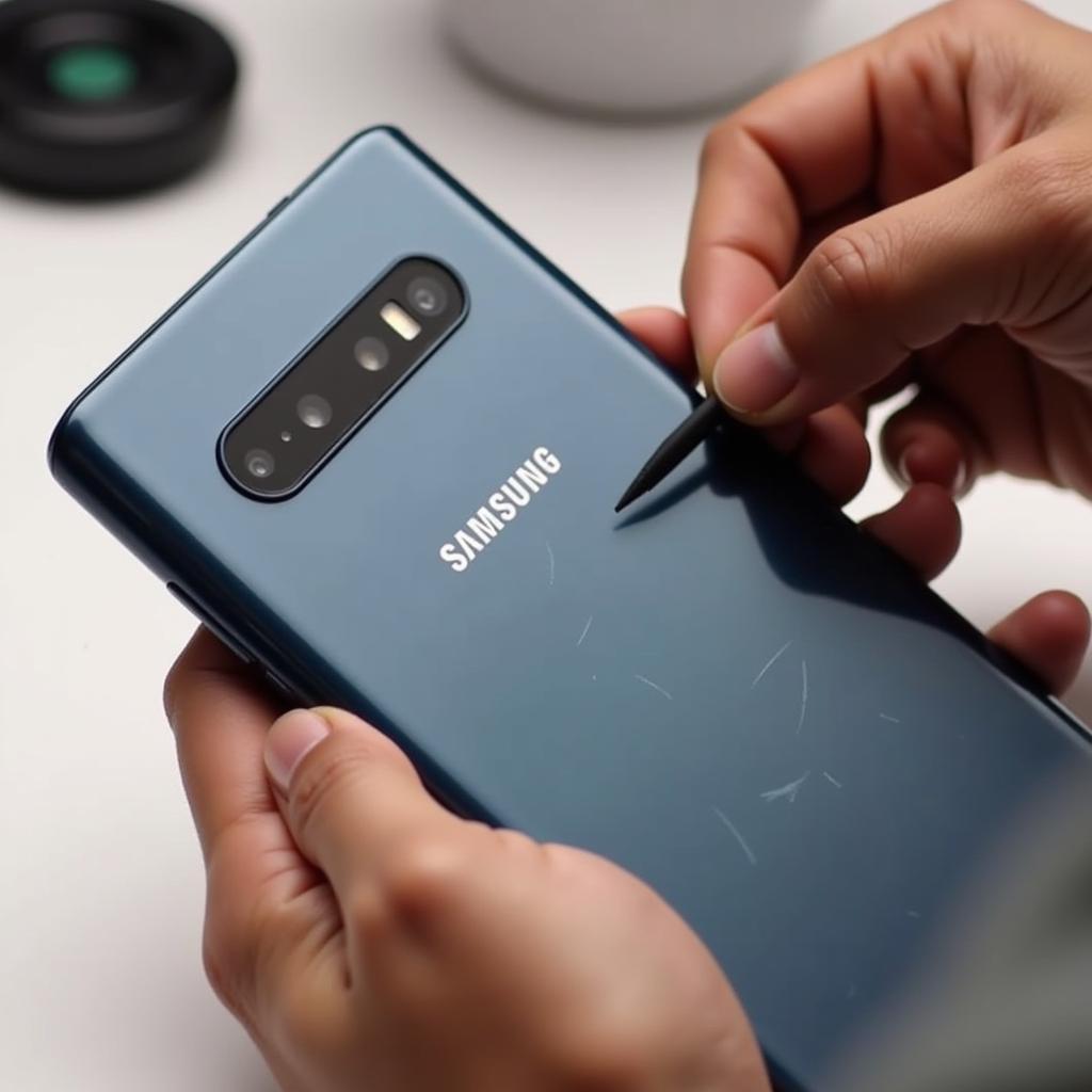 Potential buyer examining a used Samsung S10 Plus