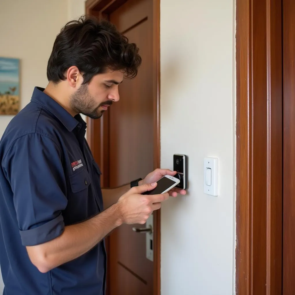 A technician installing a wireless doorbell at a home in Pakistan