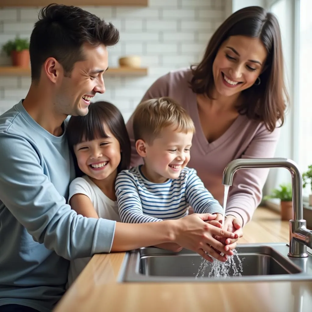 A happy Pakistani family using an instant water heater tap in their kitchen