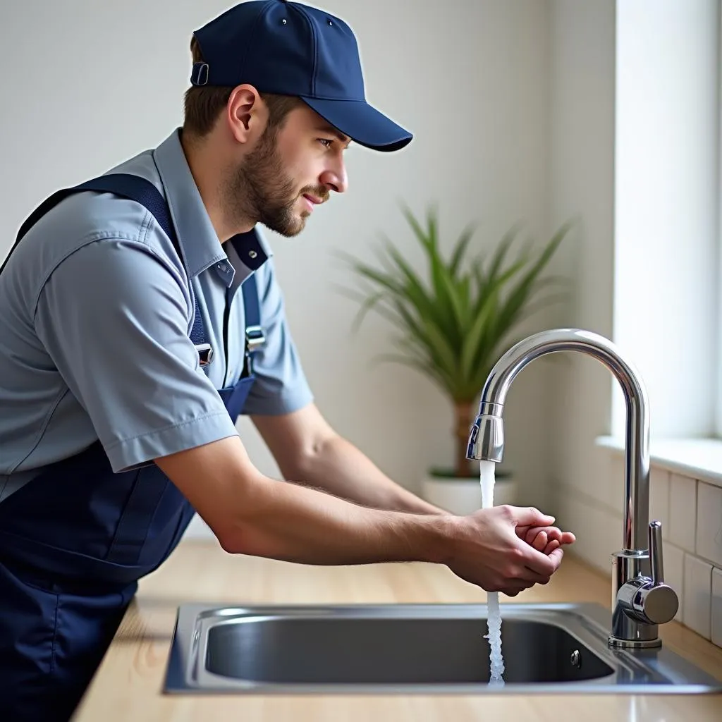 Professional plumber installing an instant water heater tap in a modern Pakistani kitchen