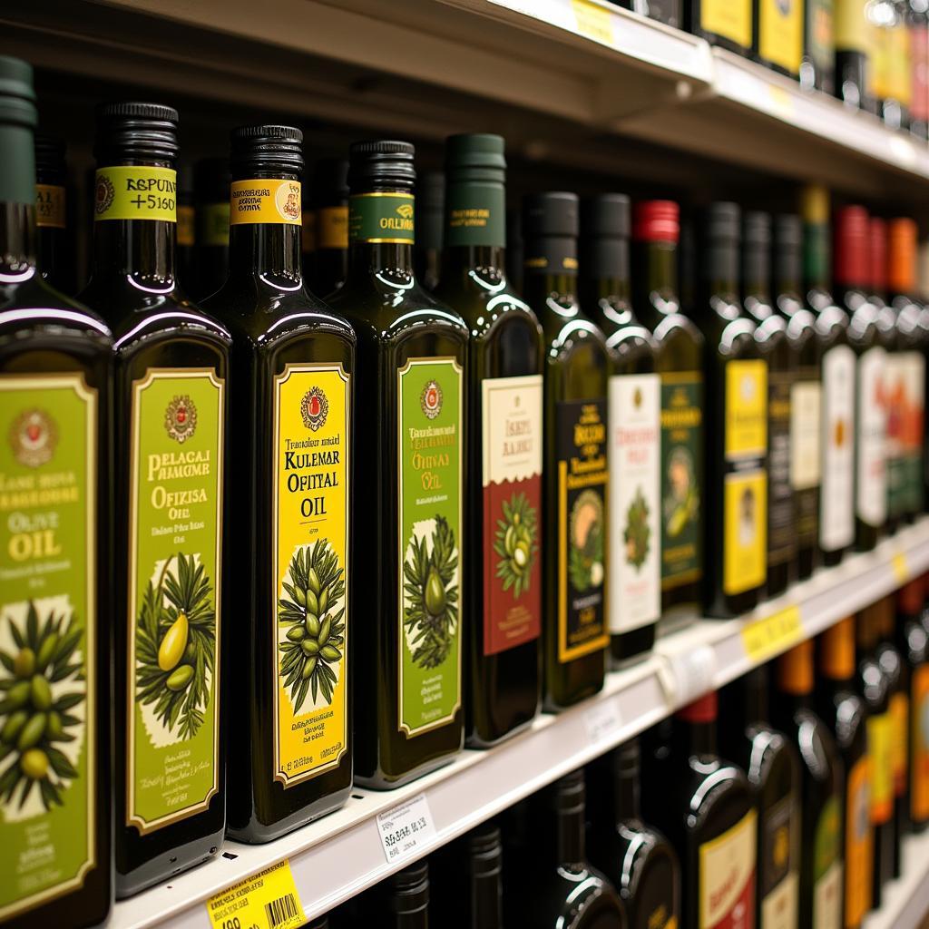 Italian olive oil bottles displayed on a supermarket shelf in Pakistan