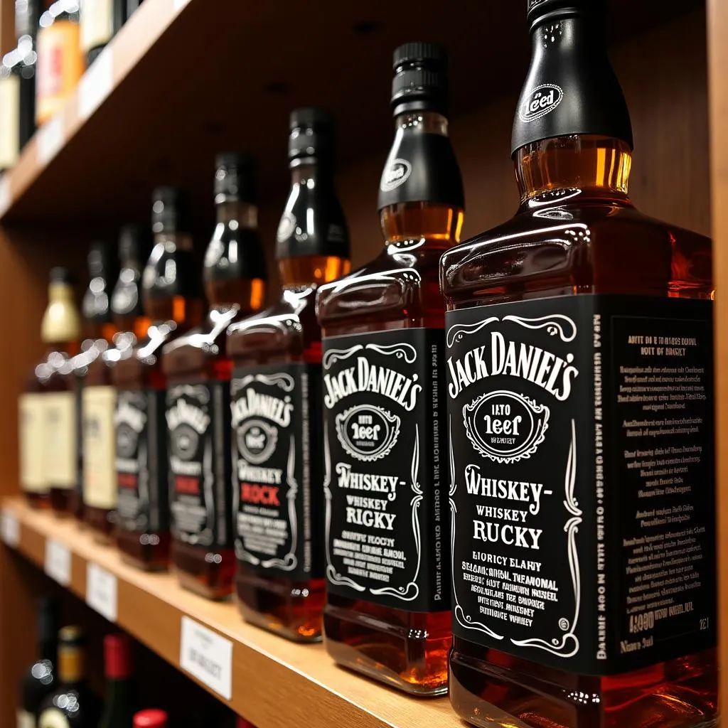 Jack Daniels bottles arranged on a shelf