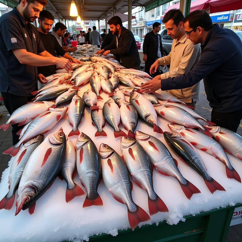 Jhingha fish at a bustling market in Pakistan