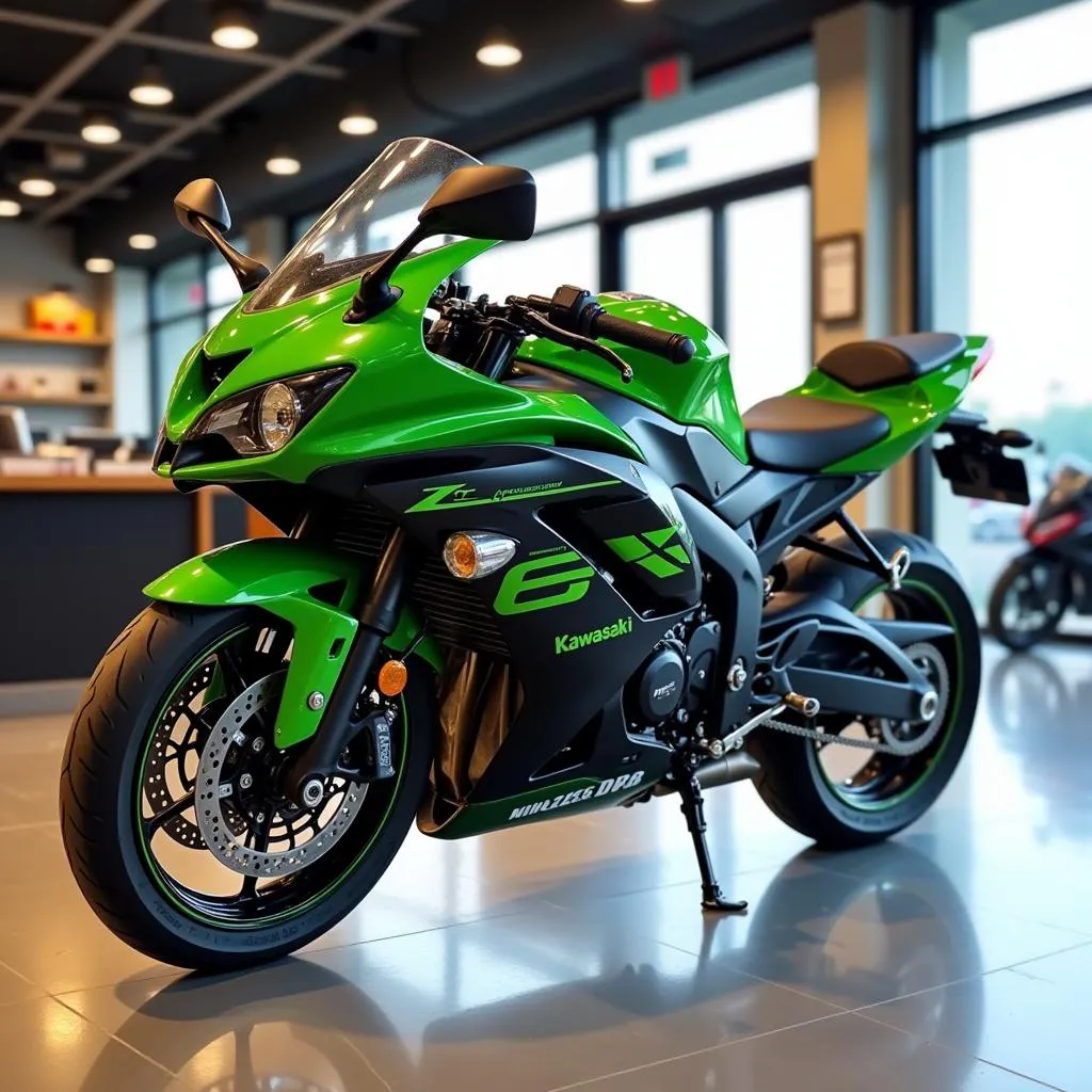 Kawasaki Ninja ZX-6R displayed prominently at a dealership in Pakistan