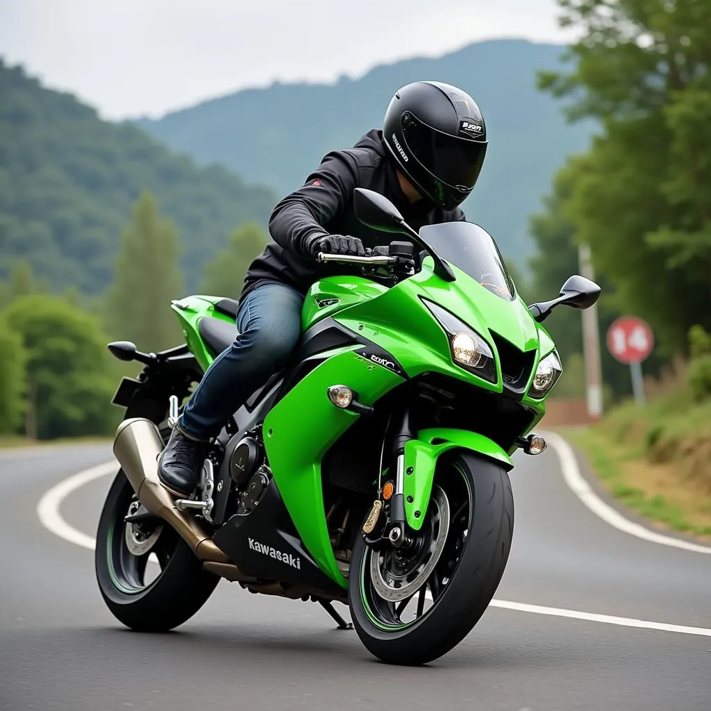 Kawasaki Ninja ZX-6R being ridden on a scenic road in Pakistan