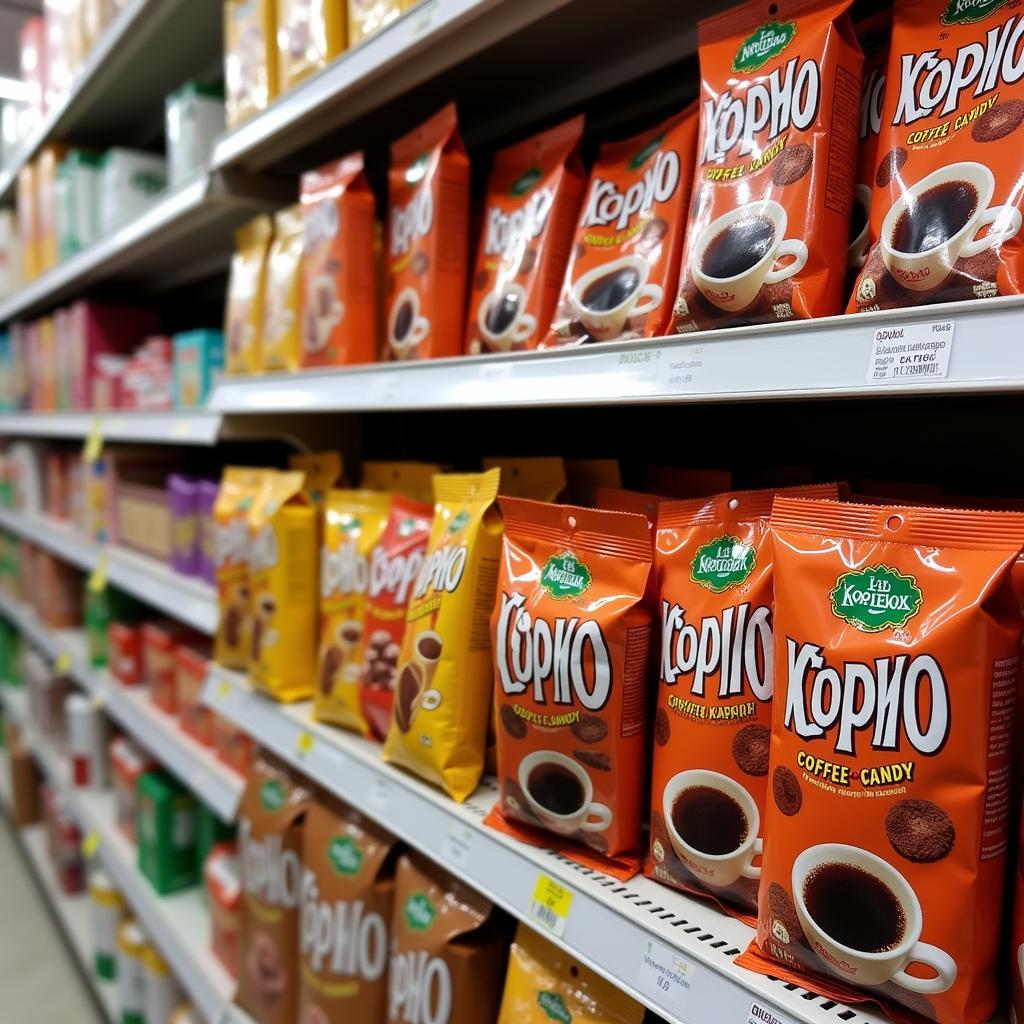 Kopiko coffee candy displayed on a shelf in a Pakistani store