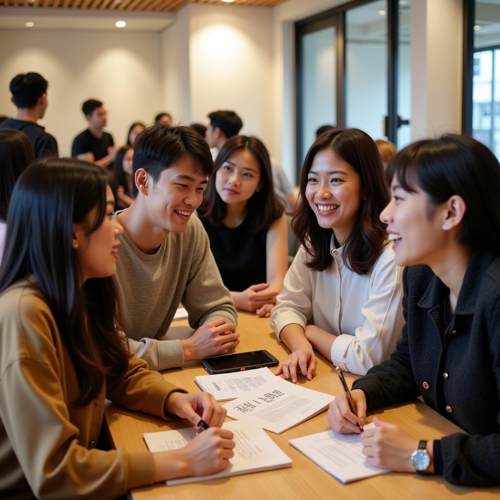  Pakistani and Korean individuals interacting at a language exchange event