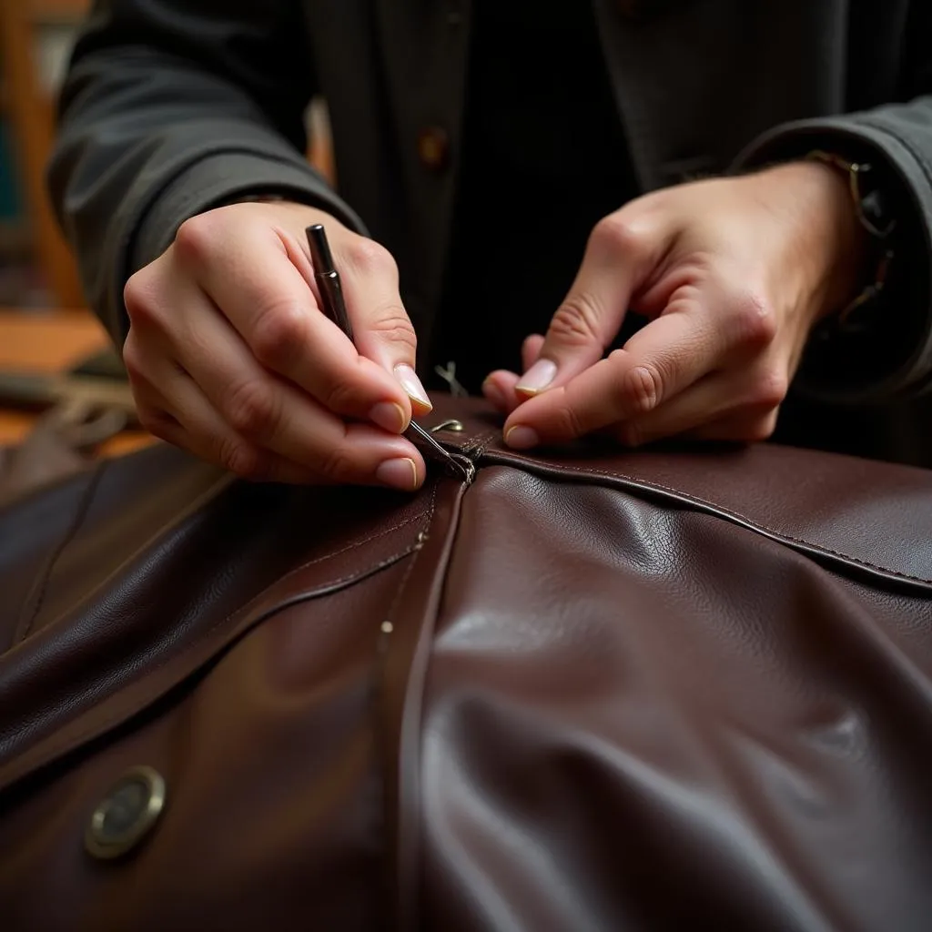 Skilled leather craftsman in Sialkot meticulously hand-stitching a leather jacket.