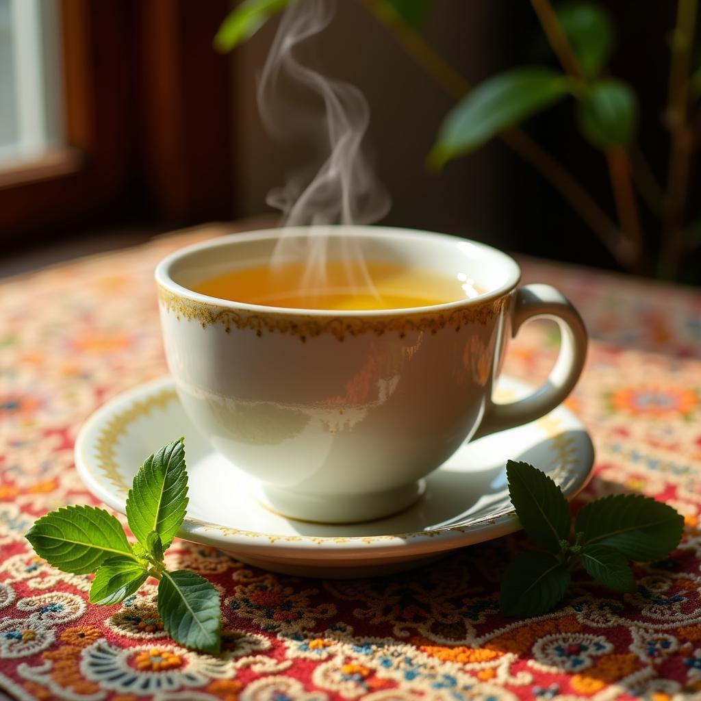 A steaming cup of lemon balm tea in a traditional Pakistani setting