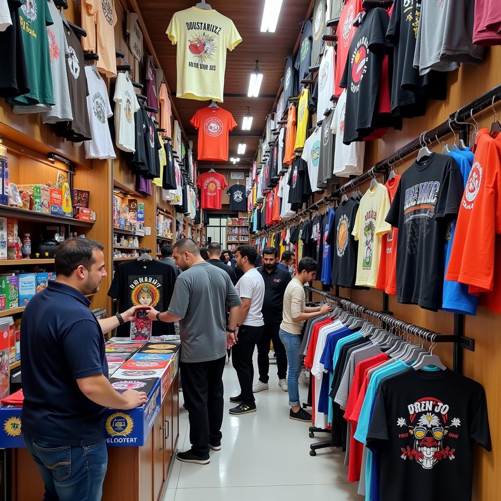 A bustling local Pakistani t-shirt shop