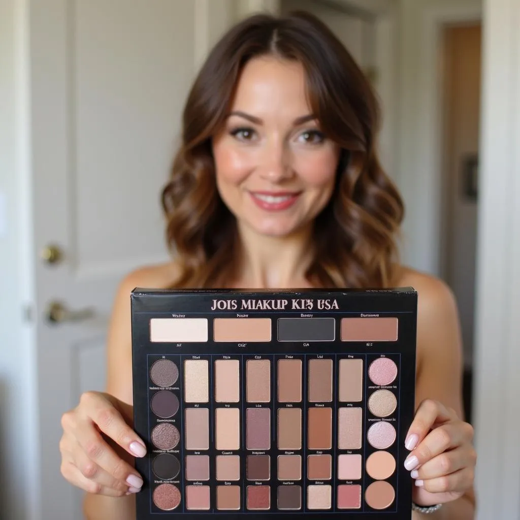 A woman is holding a makeup kit box