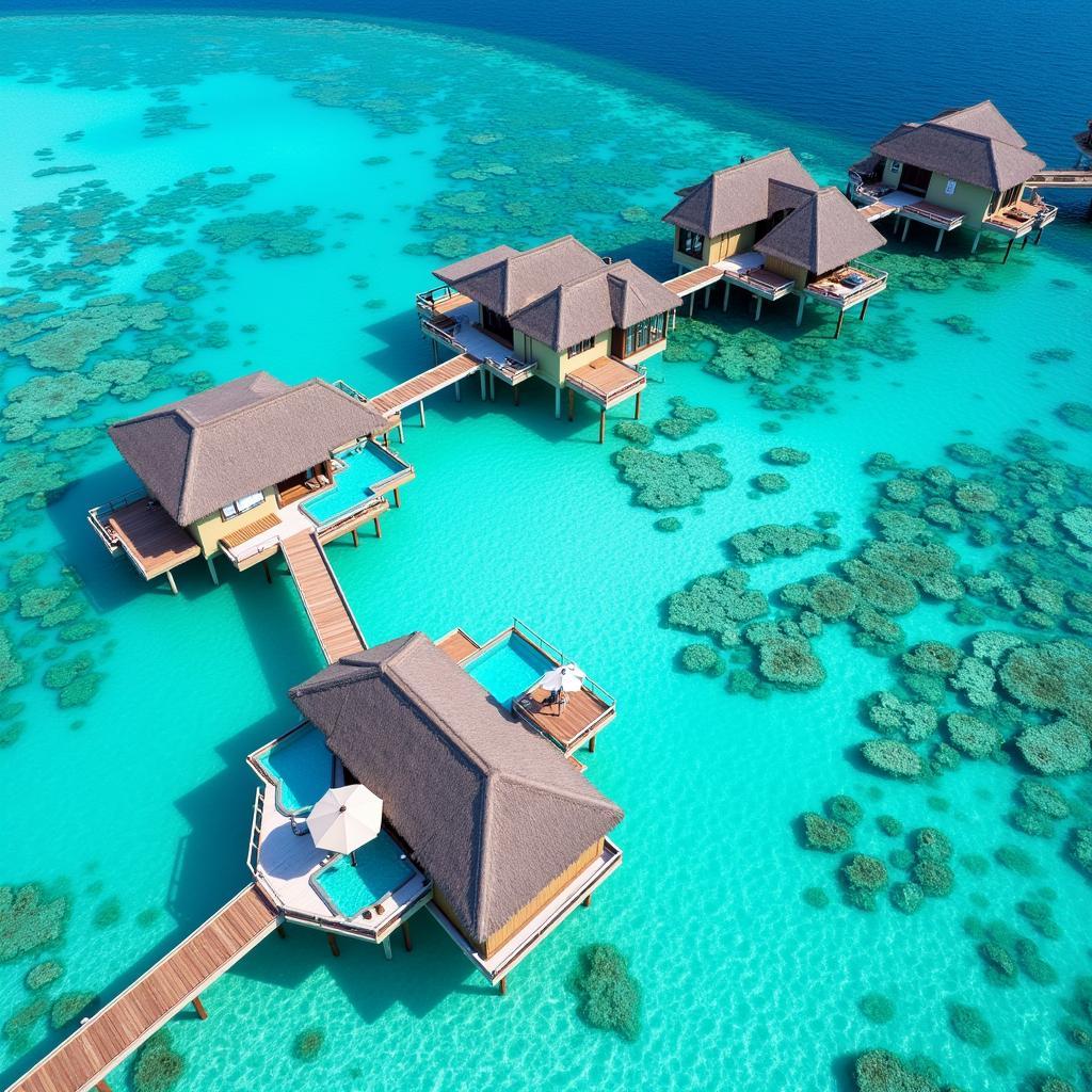 Aerial view of water bungalows in the Maldives