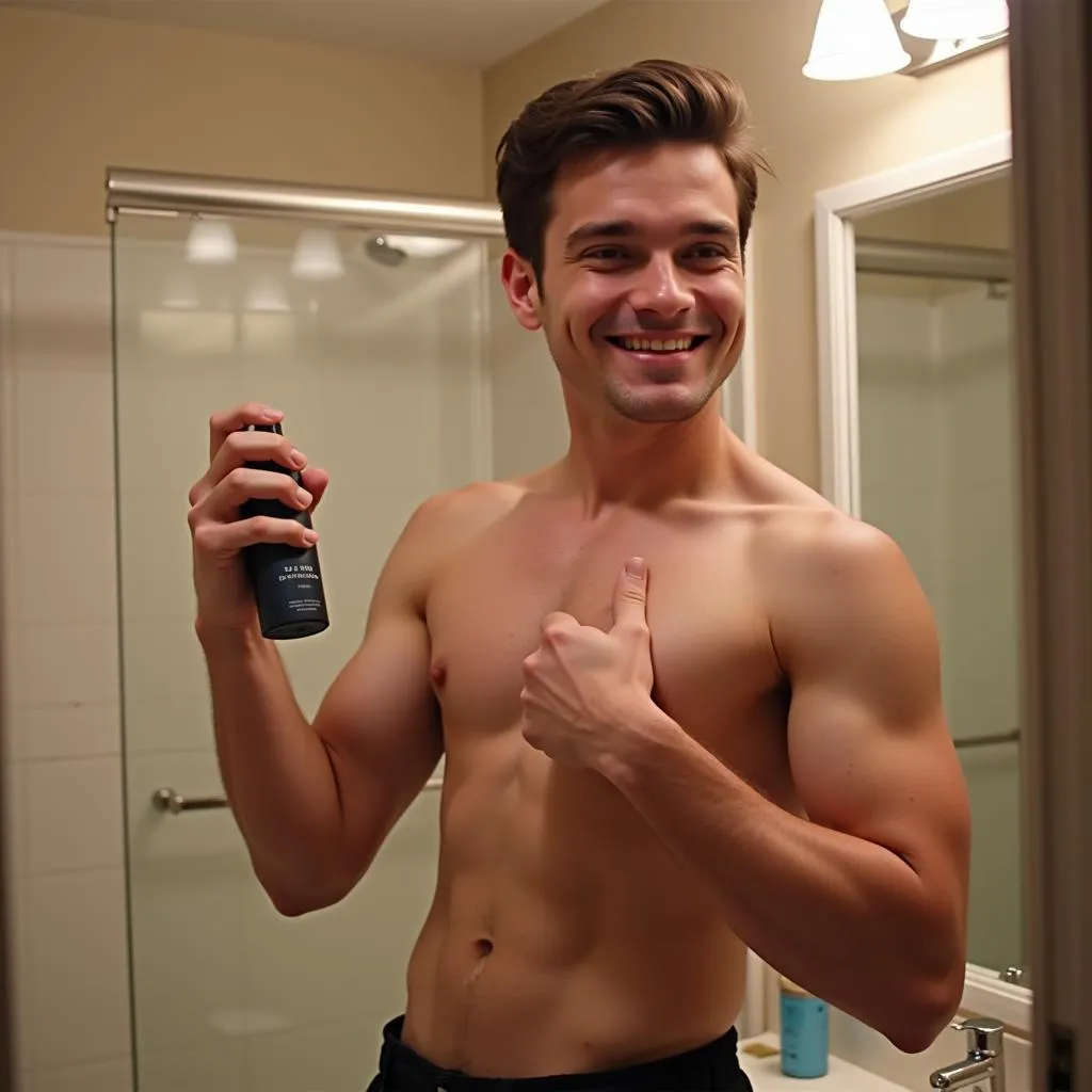 A man confidently applying body spray after getting ready