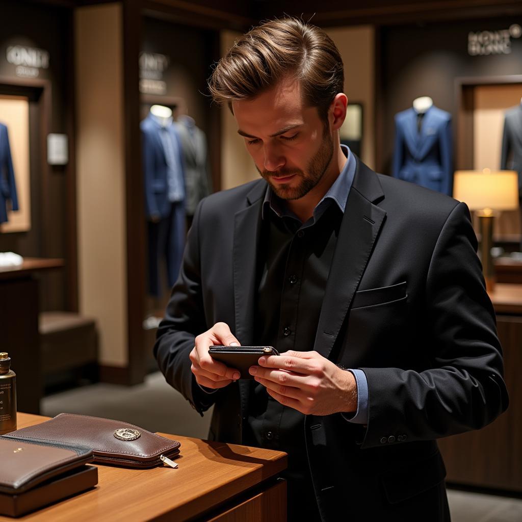 Customer Selecting a Mont Blanc Wallet in a Luxury Boutique