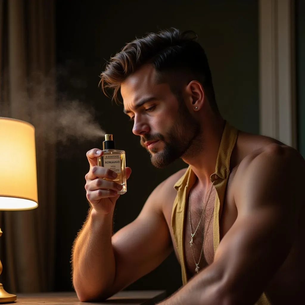 Man testing Romano perfume in a store