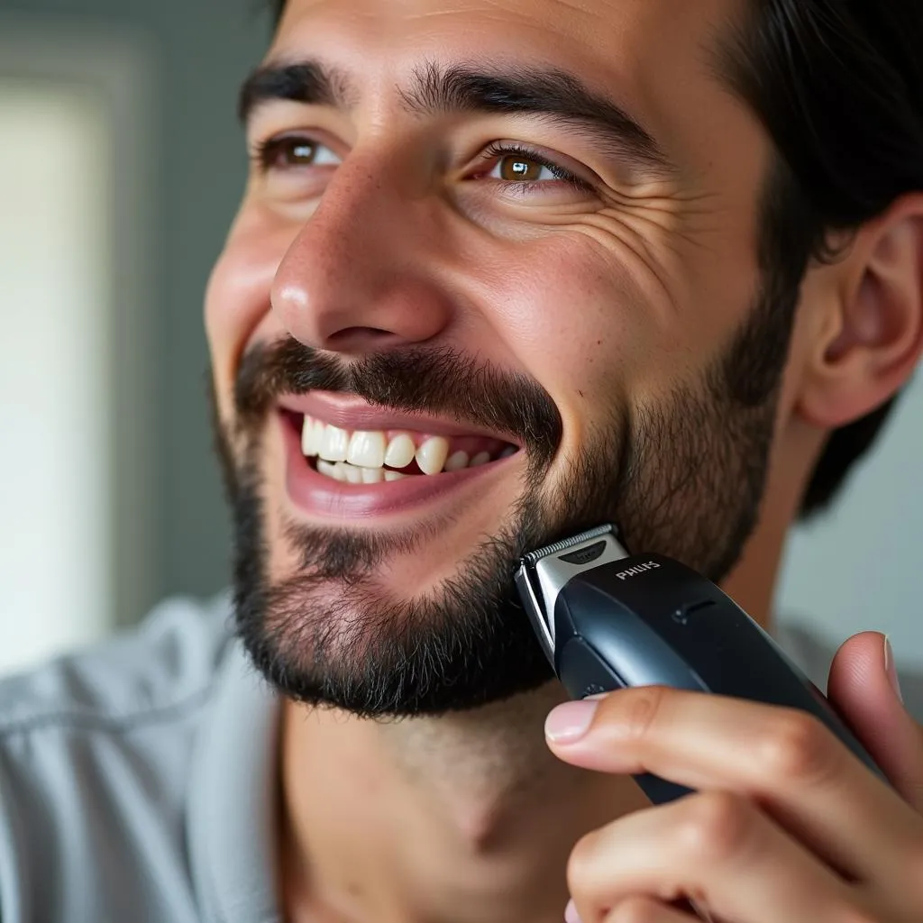 Man Using Philips Trimmer for Beard Grooming