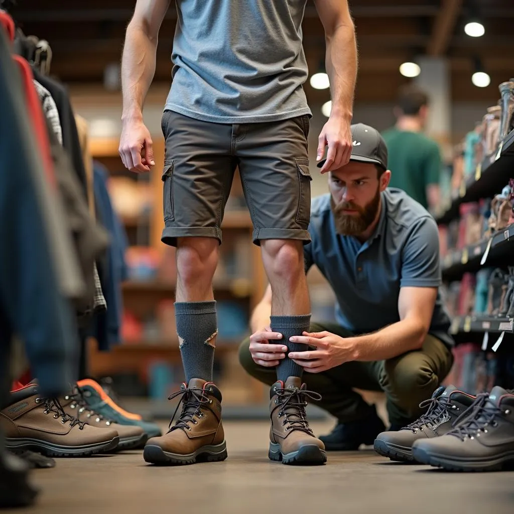 Man Trying on Hiking Shoes in a Store