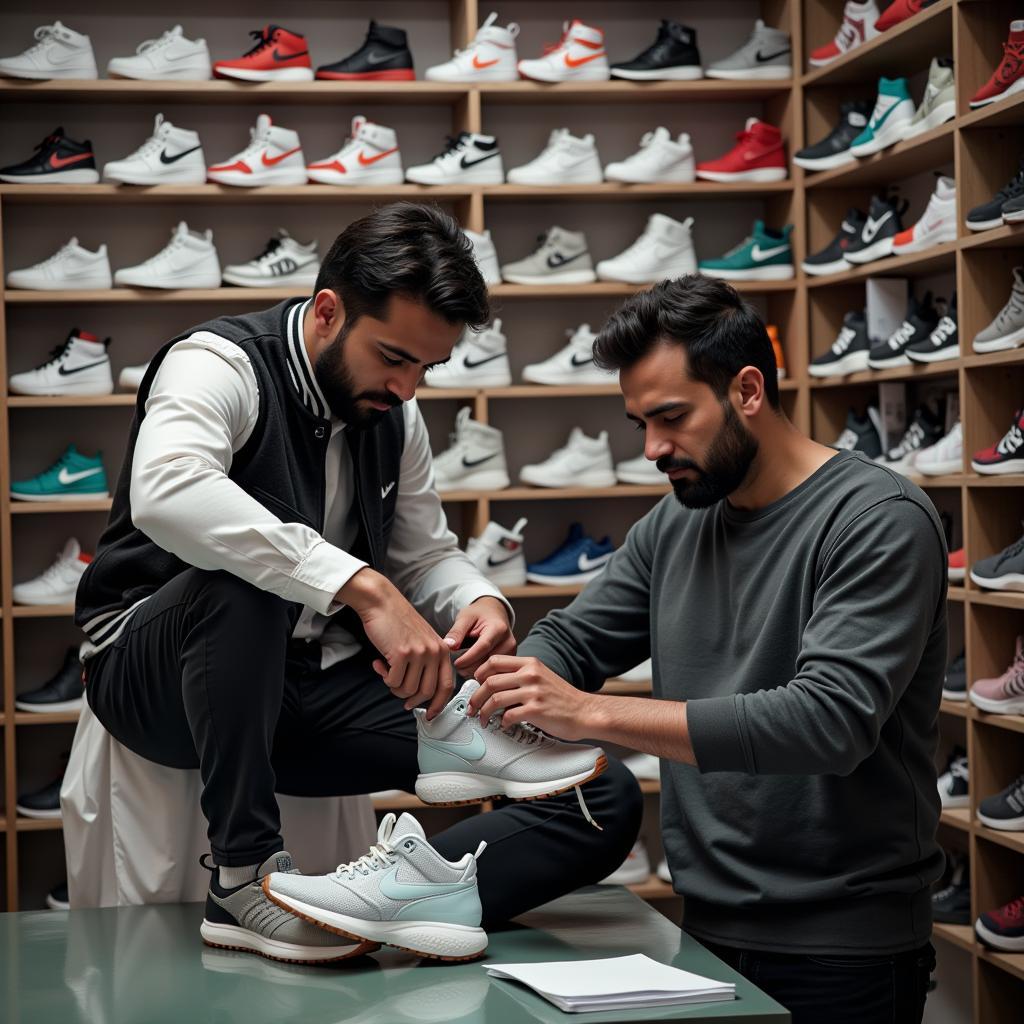 A man trying on sneakers in Pakistan